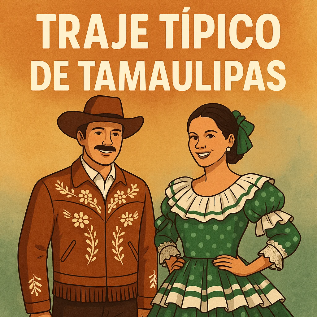 Ilustración del traje típico de Tamaulipas con hombre usando cuera tamaulipeca bordada y mujer con vestido de polka verde con encajes, sobre fondo cálido y texto destacado.