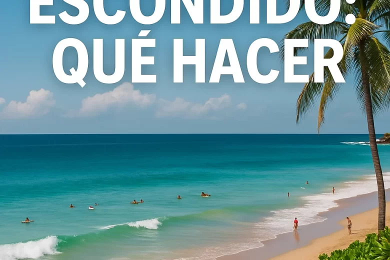 Vista panorámica de una playa en Puerto Escondido con palmeras, surfistas en el agua y turistas en la arena bajo el sol, con el texto Puerto Escondido: Qué Hacer sobre la imagen."