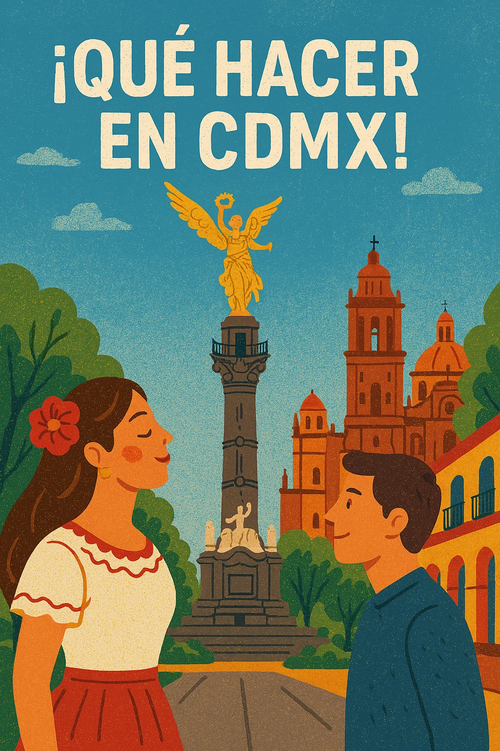 Ilustración digital colorida que muestra una vista urbana alternativa de la Ciudad de México, con arte callejero, bicicletas, arquitectura diversa y ambiente cultural local.