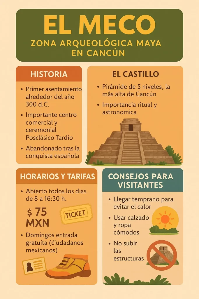 Infografía de El Meco, zona arqueológica maya en Cancún, con datos sobre historia, pirámide principal, horarios de visita y consejos para turistas

