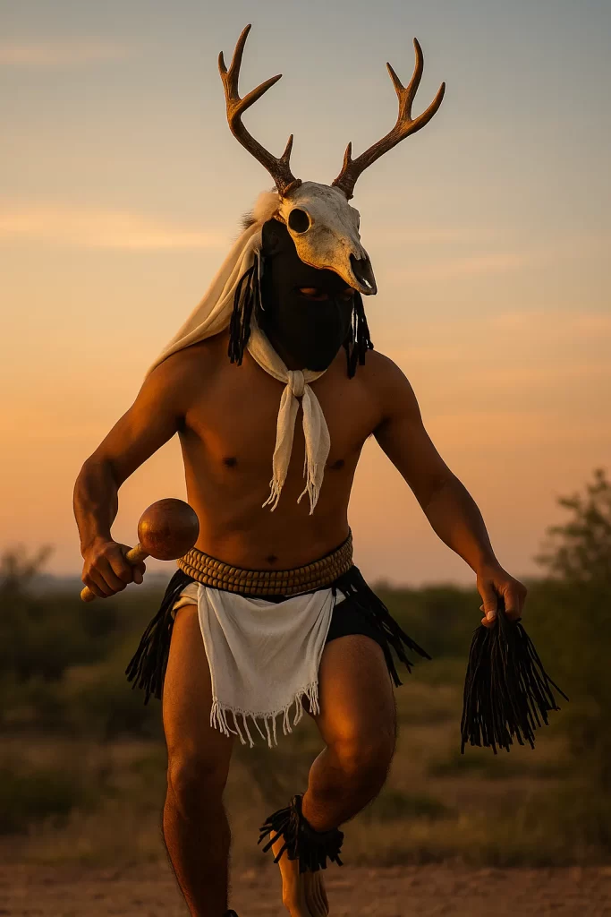 Danzante yaqui interpretando la danza del venado con máscara de cráneo y atuendo tradicional al atardecer