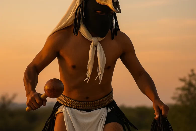 Danzante yaqui interpretando la danza del venado con máscara de cráneo y atuendo tradicional al atardecer