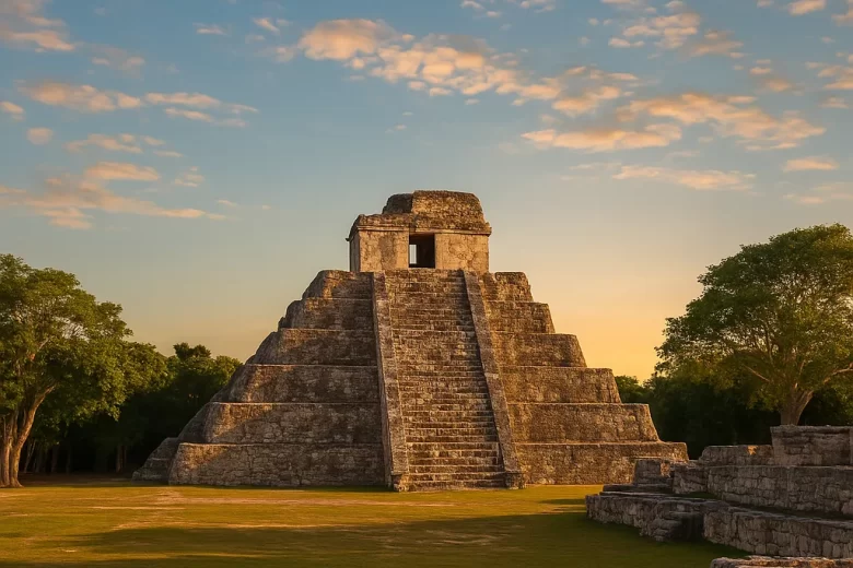 Pirámide maya de El Meco iluminada por el atardecer, rodeada de vegetación tropical en Cancún