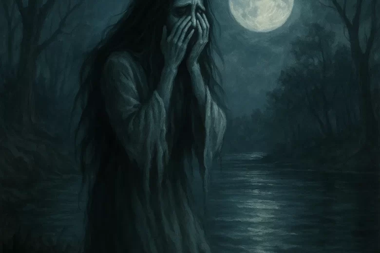 La Llorona vestida de blanco llorando junto a un río bajo la luna llena en un paisaje oscuro y misterioso