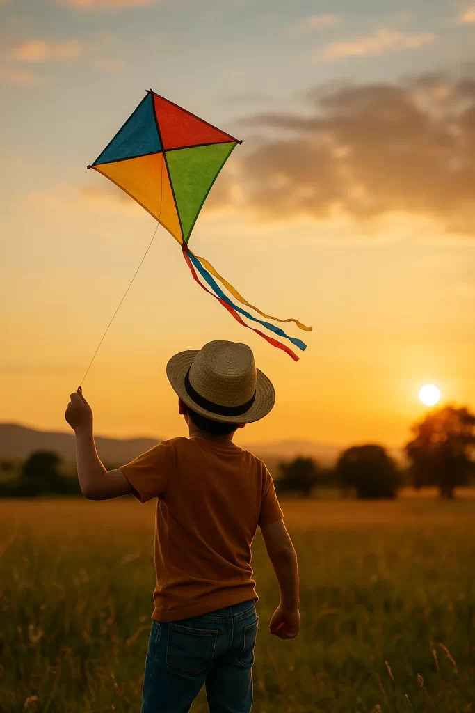 Niño con sombrero volando un papalote tradicional mexicano en un campo al atardecer