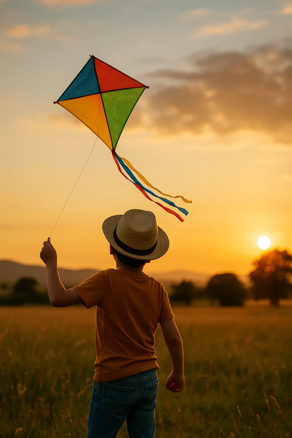 Niño con sombrero volando un papalote tradicional mexicano en un campo al atardecer