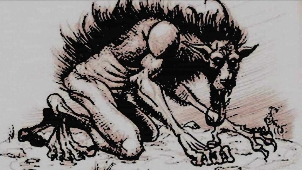 Ilustración de un nahual, criatura mítica mexicana representada como un ser humanoide con rasgos de animal, asociado a leyendas cortas y tradiciones indígenas.