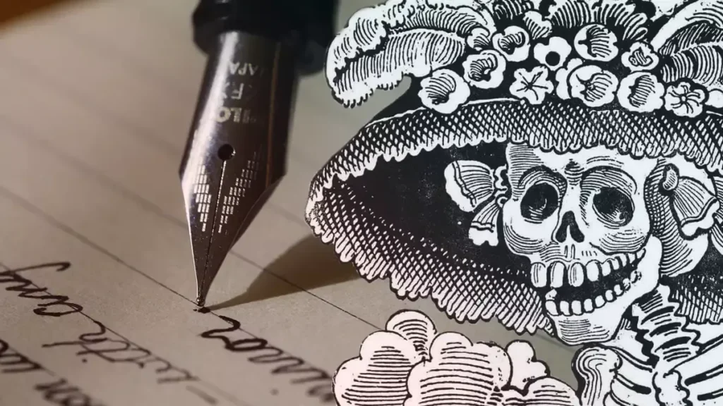 Pluma estilográfica escribiendo en papel junto a una ilustración de la Catrina, símbolo tradicional del Día de Muertos y de las calaveritas literarias en México.