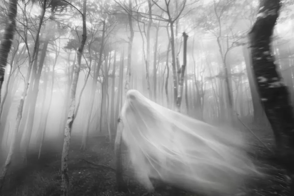 Figura fantasmal de una mujer con velo blanco en un bosque lleno de niebla, representando la leyenda de la Llorona en México.