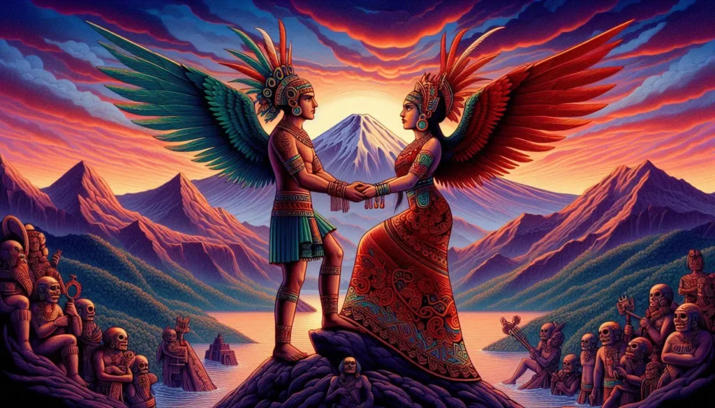Ilustración colorida de la leyenda de Popocatépetl e Iztaccíhuatl, dos guerreros mexicas con alas que se toman de las manos frente a los volcanes, representando un amor eterno.