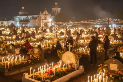 Día de muertos en Mixquic: panteón iluminado con miles de velas durante la Alumbrada