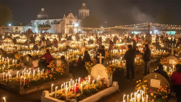 Día de muertos en Mixquic: panteón iluminado con miles de velas durante la Alumbrada