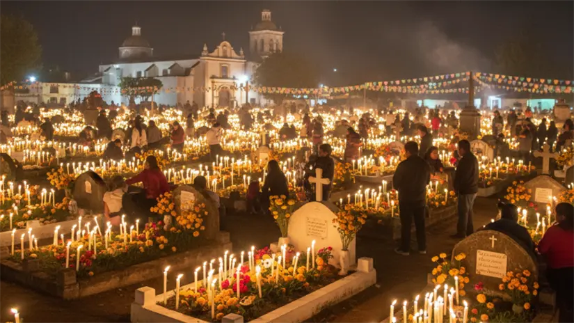Día de muertos en Mixquic: panteón iluminado con miles de velas durante la Alumbrada