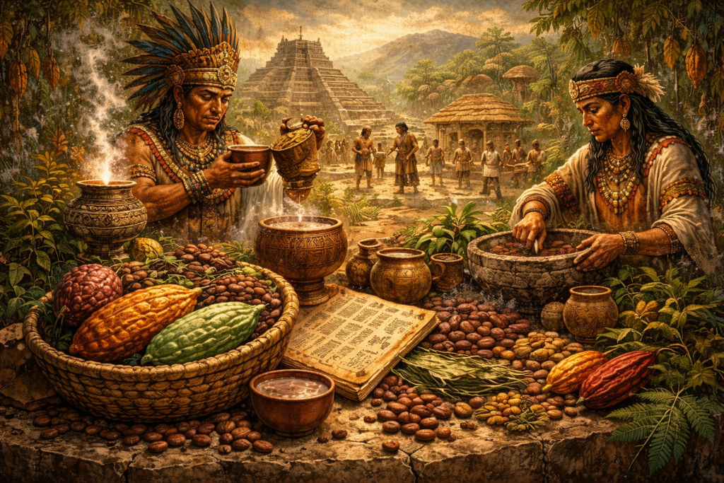 Origen del chocolate: ilustración del cacao y de su preparación en Mesoamérica
