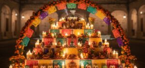 Origen del día de muertos: ofrenda tradicional con flores de cempasúchil, velas y papel picado