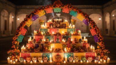 Origen del día de muertos: ofrenda tradicional con flores de cempasúchil, velas y papel picado