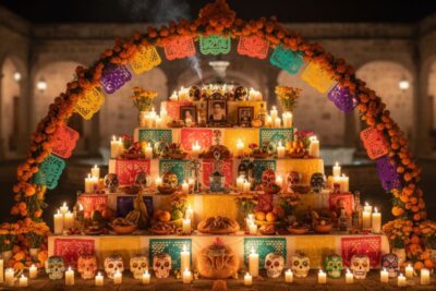 Origen del día de muertos: ofrenda tradicional con flores de cempasúchil, velas y papel picado