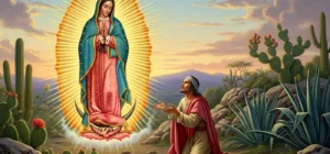 Historia de la Virgen de Guadalupe: ilustración de la Virgen y Juan Diego en el Tepeyac