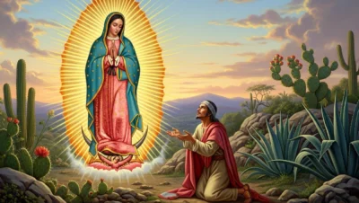 Historia de la Virgen de Guadalupe: ilustración de la Virgen y Juan Diego en el Tepeyac