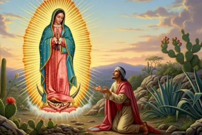 Historia de la Virgen de Guadalupe: ilustración de la Virgen y Juan Diego en el Tepeyac