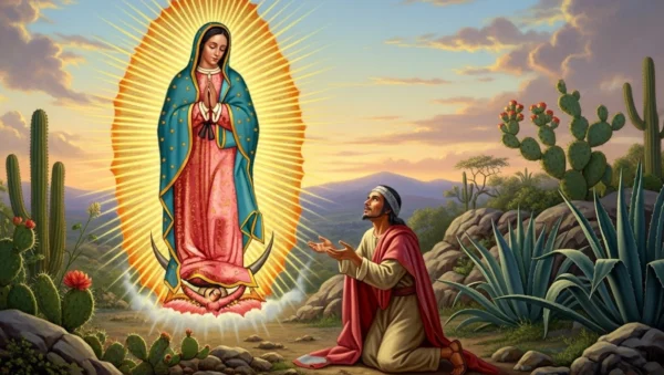 Historia de la Virgen de Guadalupe: ilustración de la Virgen y Juan Diego en el Tepeyac