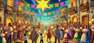 Posadas navideñas: ilustración de una procesión con velas y piñatas en una calle mexicana