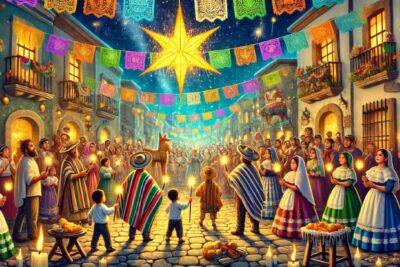 Posadas navideñas: ilustración de una procesión con velas y piñatas en una calle mexicana