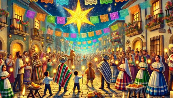 Posadas navideñas: ilustración de una procesión con velas y piñatas en una calle mexicana